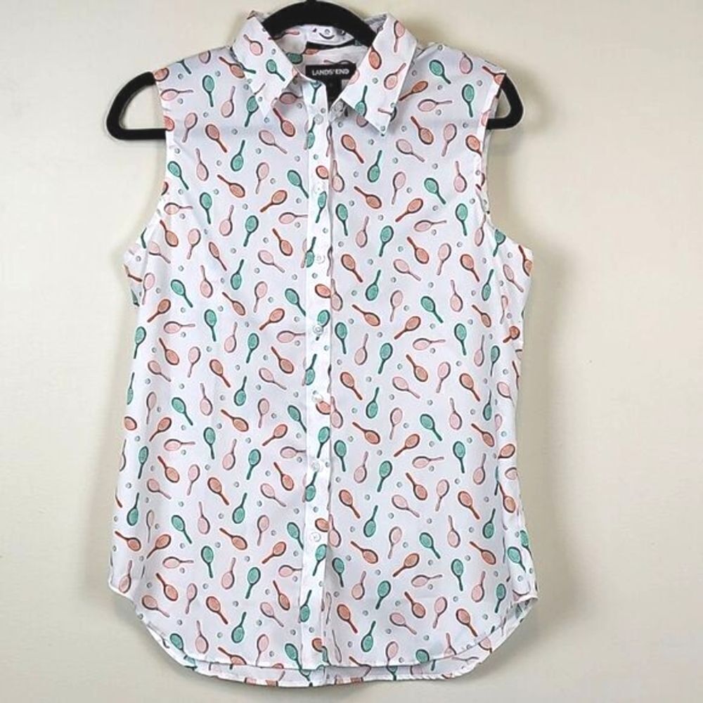 Lands' End Sleeveless No Iron Supima Cotton Tennis Print Button Front Top Size 8